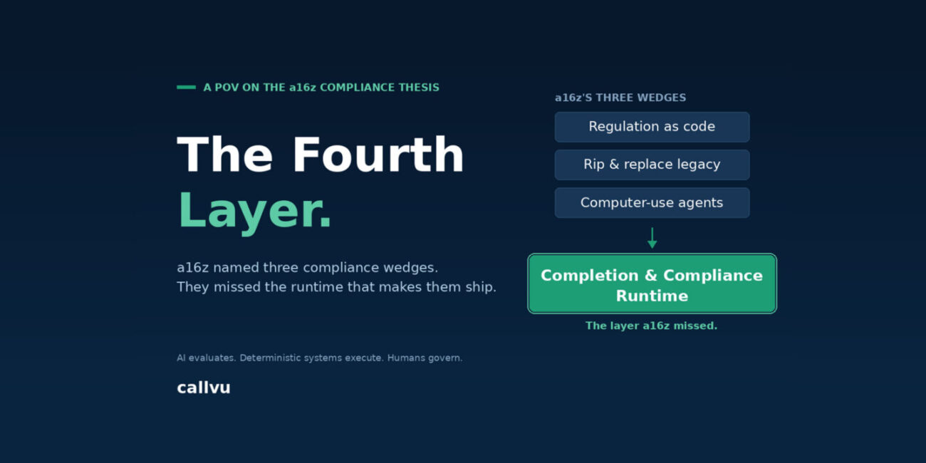 Andreessen Horowitz is right about compliance. Here's the runtime that makes their three approaches ship. Callvu Blog